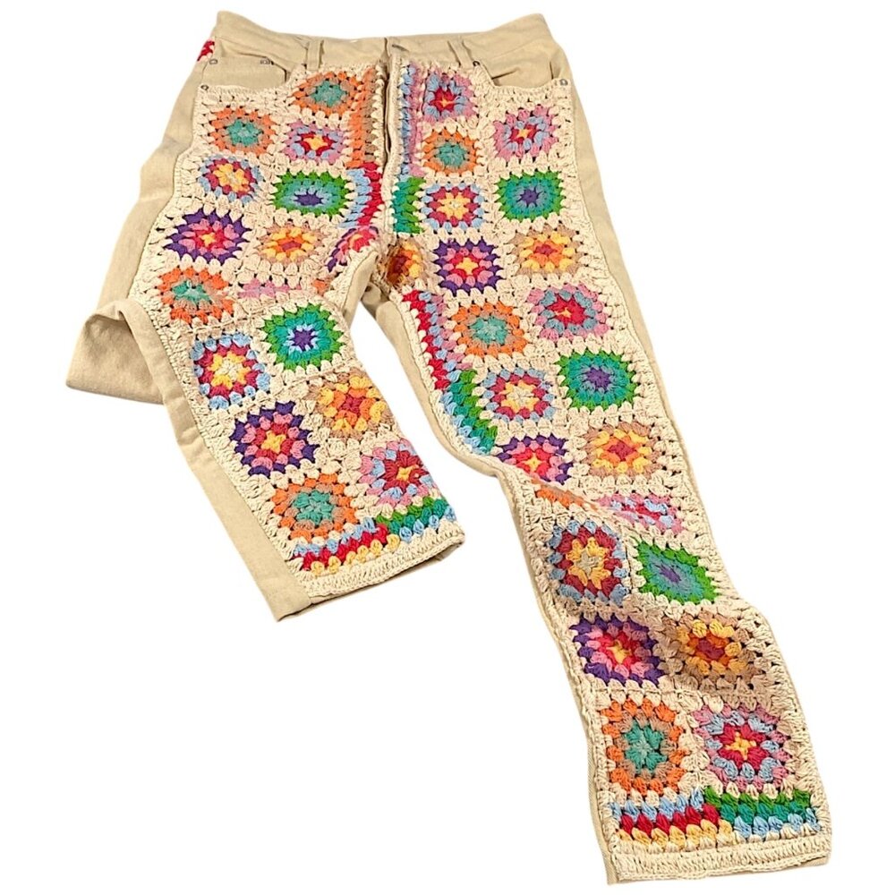 Free People Jeans Womens 29 Beige Zuri Crochet Mom Ankle Artsy Boho Coachella